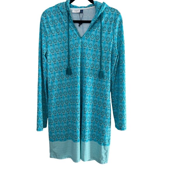 Cabana Life Talbots M Aqua & Blue Patterned Hooded Long-Sleeve Vacation Dress - Picture 13 of 16